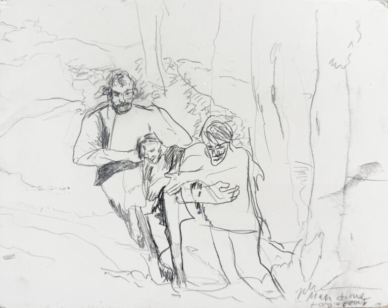 Manly Times, 2025, молив, дървен панел, 24.5 x 19.5 cm